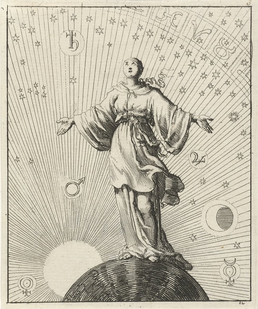 Vrouw staande op een omgeven door de zon, maan, sterren en planeten - PICRYL - Public Media Search Engine Domain Search