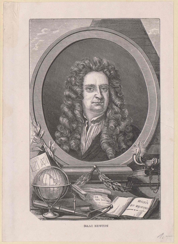 1600s ENGRAVING OF SIR ISAAC NEWTON AS YOUNG MAN SITTING UNDER