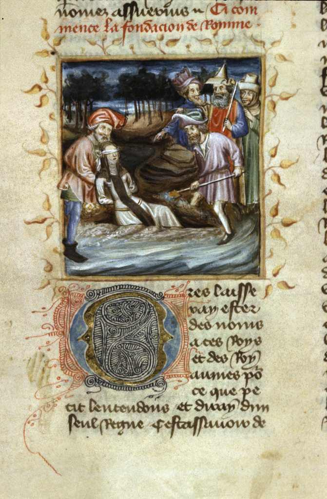 Fol. 435v, Romans, historiated initial P, Paul seated with a sword talking  to the bust of God above, c. 1275-1300. Biblical manuscripts were highly  prized and important possessions of churches, monasteries, cathedral