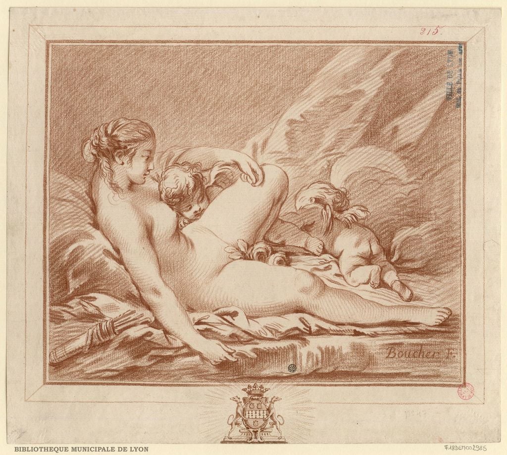 Femme nue, couchée sur le dos, de profil à droite, la jambe repliée, avec  deux amours - PICRYL - Public Domain Media Search Engine Public Domain  Search